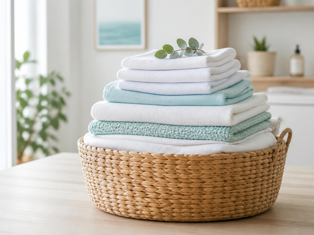 Freshly folded laundry stacked in a woven basket