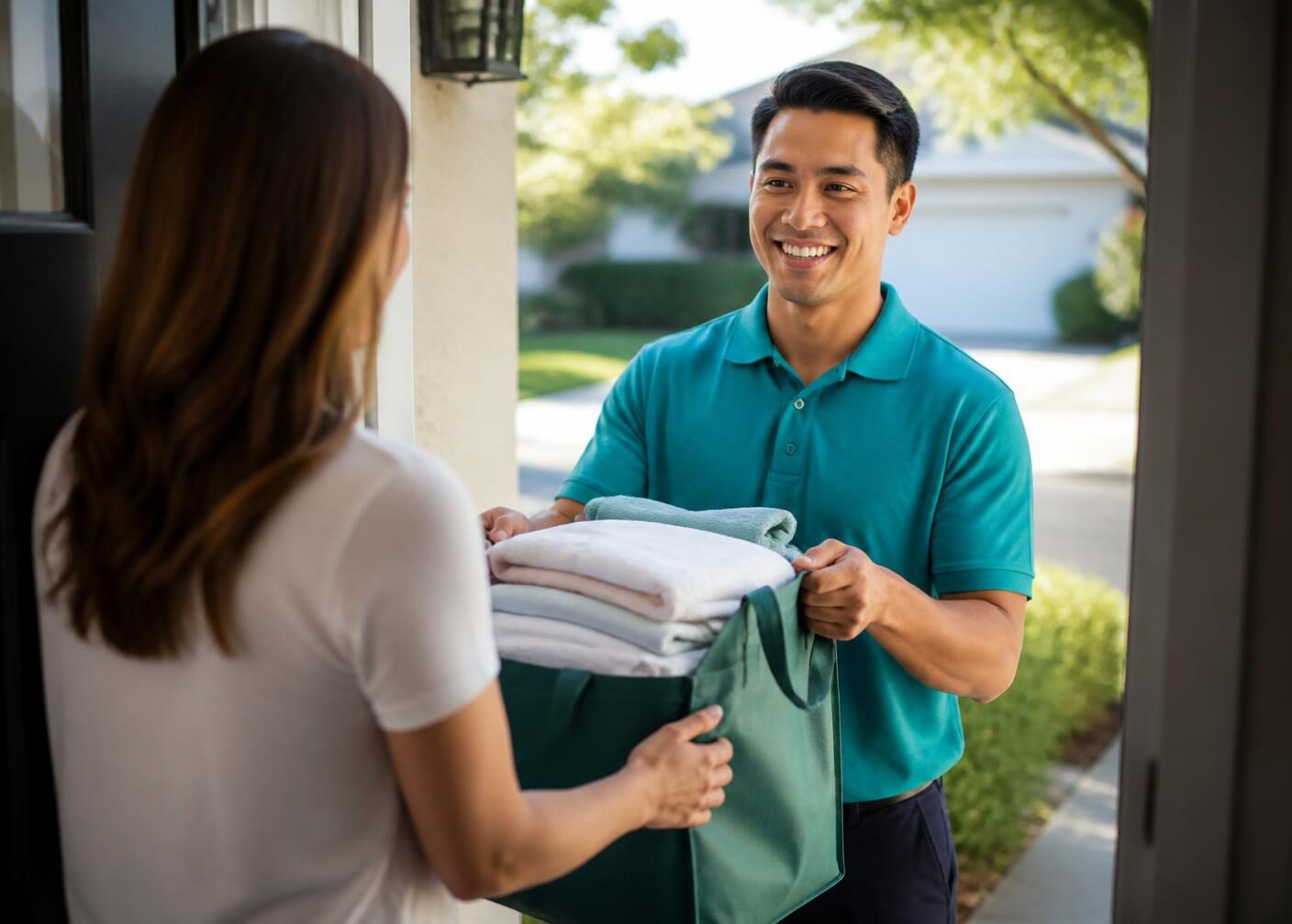 A Fresh! team member handing folded laundry back at the front door