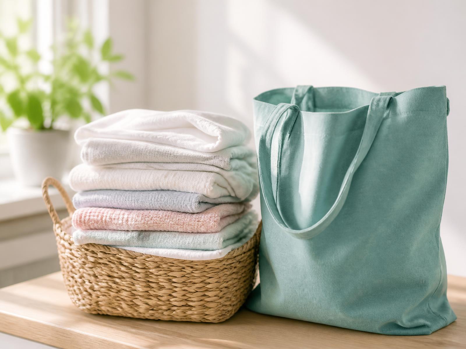 Freshly folded laundry stacked in a basket beside a teal pickup tote